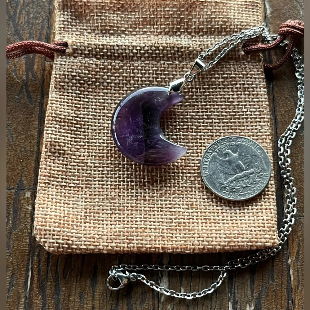 Amethyst Necklace Amethyst Pendant Stainlees Steel Chain Celestial Necklace - Picture 3 of 4